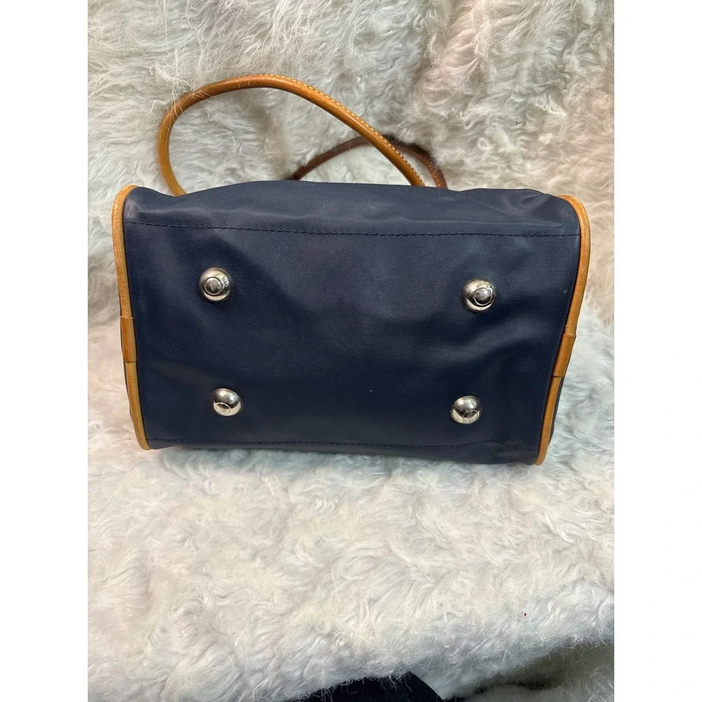 Jon Hart Navy Blue Nylon Barrel Bag Tan Leather Trim‎ Vintage Satchel Handbag